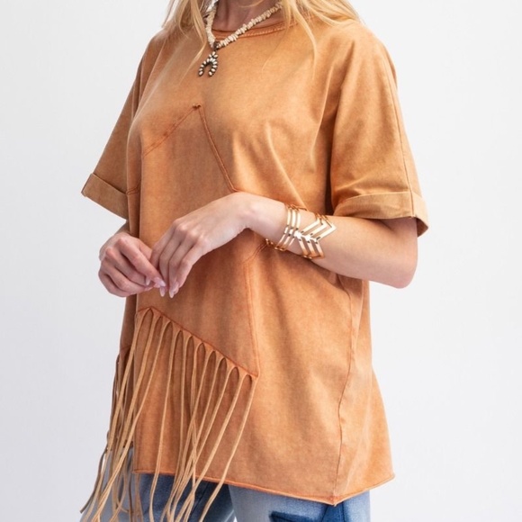 New Easel Star Fringed Cotton Tee Pullover Mineral Wash Cotton Shirt Top PUMKIN - Picture 5 of 8
